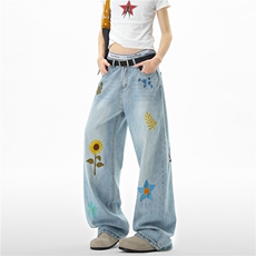 【现货】XZ612-S4103-P70美式复古向日葵绣花直筒水洗牛仔裤，男装牛仔裤，星座612