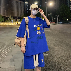 套装！夏季华夫格套装男T恤短裤男两件套大码港风TZ20-P50图片