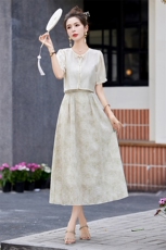 新中式国风旗袍连衣裙女2024夏新款高端气质印花吊带长裙两件套装，女装套装/套裙，时尚俏佳人