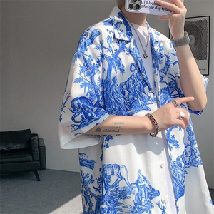 8XL-M 天丝亚麻清爽晕染古巴领短袖衬衫男半截袖冰丝衬衣CS525P58图片