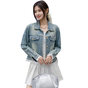 蕾丝拼接牛仔外套女2025春季新款韩版翻领小个子时尚夹克减龄上衣图片