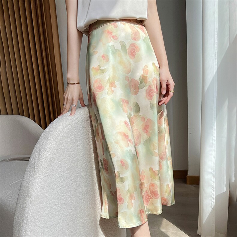 中长款法式浪漫印花半身裙女真丝夏季新款垂感气质高腰醋酸A字裙,女装半身裙,朝贺羊绒