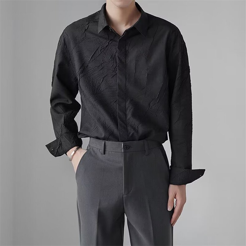 GS001P45男士长袖衬衫2024纯色新款褶皱肌理感春秋季修身衬衣，男装衬衫，星座1108-5