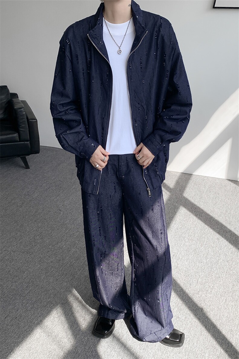 春秋男士韩系设计款牛仔割洞提花重工水洗长袖外套上衣P78,男装工装外套,电商B319