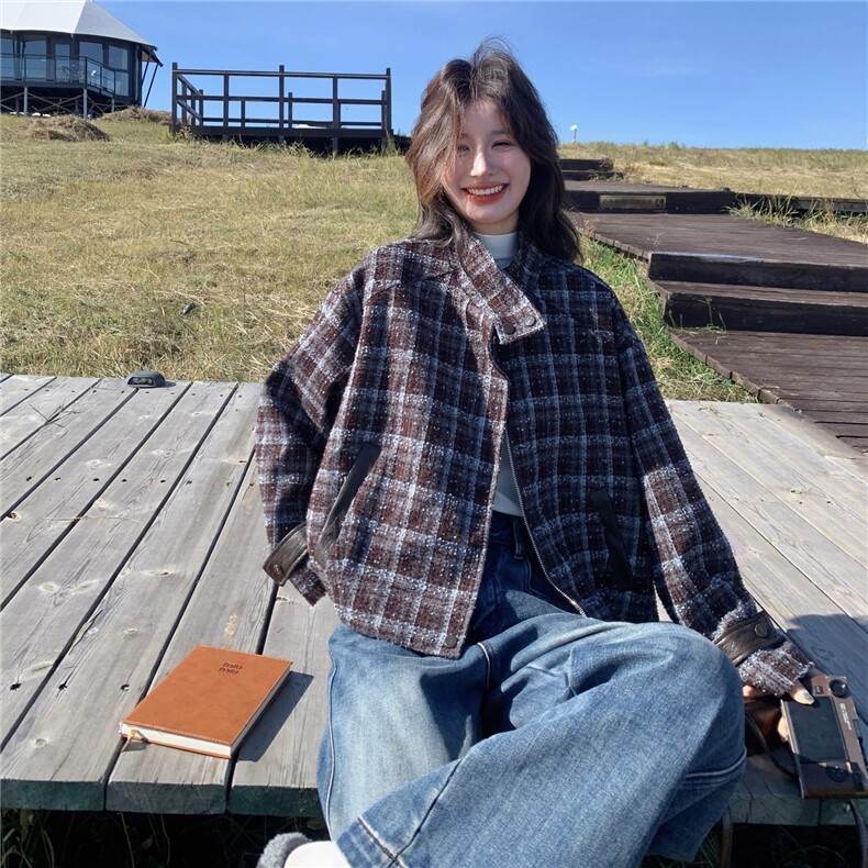 美式复古格纹毛呢外套女2025年秋冬超火好看高级小众加厚夹克上衣,女装短外套,2B237
