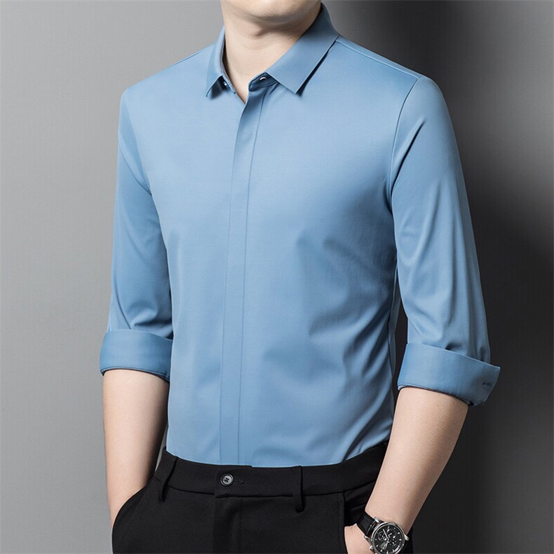 男士春秋季长袖薄款衬衫高端商务休闲暗扣弹力衬衣抗皱简约寸衫男,男装衬衫,电商B212（原钱塘6029）