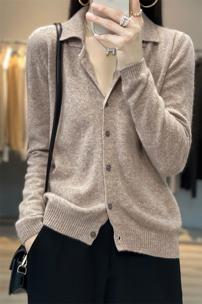 春装款女开衫衬衣领精致POLO领长袖毛衣羊毛打底针织衫,女装羊毛衫,伟泽羊绒
