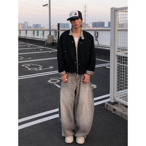美式复古格纹工装夹克男女春秋百搭宽松立领工装外套潮流图片