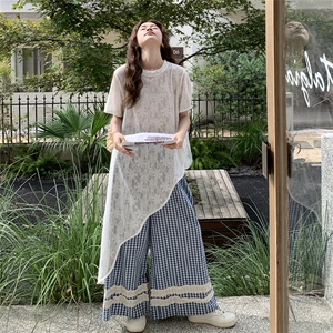 法式不规则钩花罩衫套装2025夏季新款格纹阔腿裤休闲松弛感两件套图片