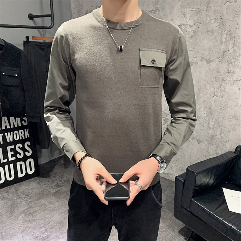 （店主风）绿秋冬针织衫毛衣男士圆领假两件打底衫C301B-MY10图片