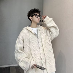 新款秋冬加厚慵懒风休闲情侣针织衫男女外套连帽开衫毛衣带帽毛线图片