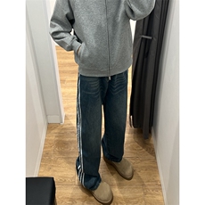 B221美式ins高街小众宽松三条杠运动牛仔裤LK23130-P60控78，男装牛仔裤，电商B221