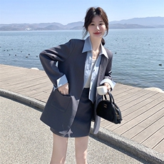 韩系高级感灰色假两件西装外套女2025春季新款气质百搭半身裙套装，女装套装/套裙，2C115