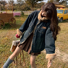 羊羔毛保暖牛仔外套女2025新款冬季韩系爆款高级感短款派克棉服潮，女装短外套，2C129
