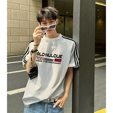 抖音得物品质二开240克宽松纯棉美式潮牌印花三条杠中性风短袖T恤，男装T恤，电商A486