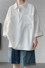 半拉链POLO衫男士春季美式高街少年感短袖T恤百搭初高中生七分袖，男装T恤，电商A059