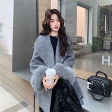 现货主推新款加厚双面羊毛呢配大狐狸毛袖可脱卸新年款p295-k458，女装双面呢大衣，丝露怡语