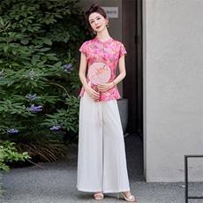 新中式国风套装女2025夏季新款绝美气质复古印花上衣阔腿裤两件套，女装套装/套裙，众宇琦