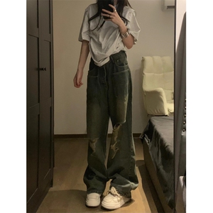 【有货】口袋破洞牛仔裤男女款美式高街直筒裤子A271CC-特P50图片