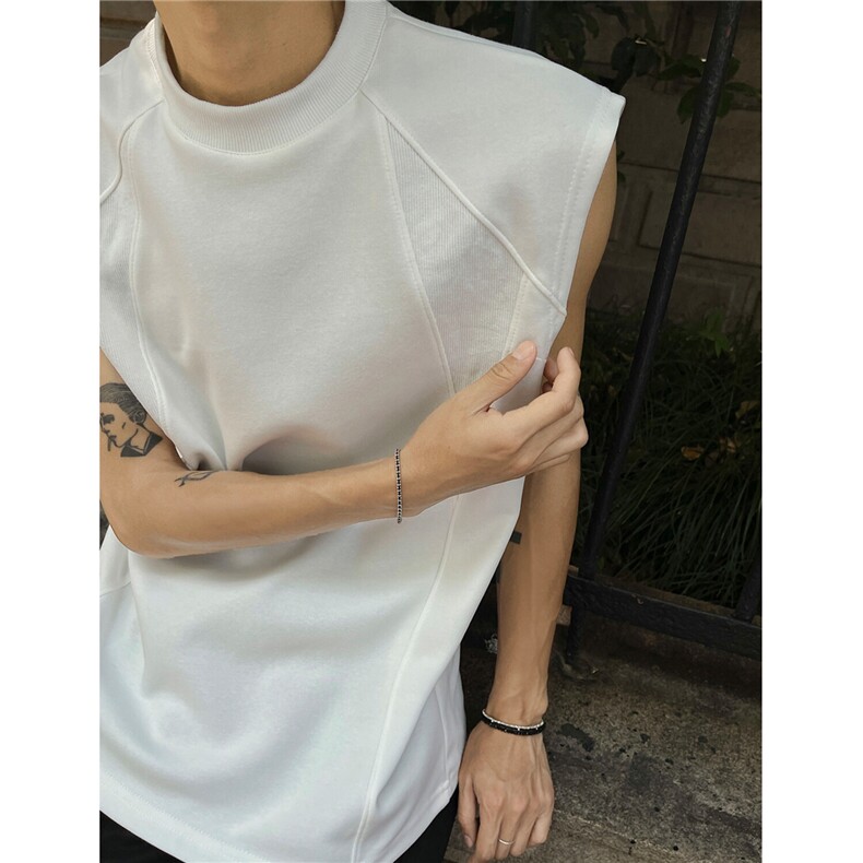 外景重磅正肩美式短袖小领螺纹拼接背心T恤衫男H1091特P20，男装背心/马甲，电商A341