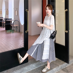 韩版白色罩衫格纹拼接半身裙套装女2025夏季新款慵懒风休闲两件套图片