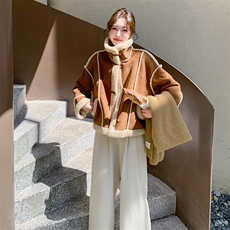 现货咖色皮毛一体羊羔毛外套5803-P185-K268，女装派克服，2C159