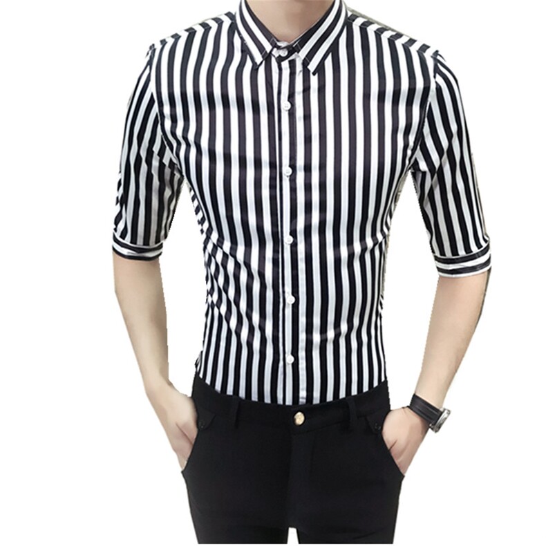 19夏男韩版修身中袖衬衫潮流条纹七分袖夜店发型师工作服D37,男装衬衫,星座419（原A233）
