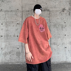 B239-1128-P38美式油画粉色郁金香复古水洗做旧落肩袖短袖T恤，男装T恤，星座514-2(原B239)