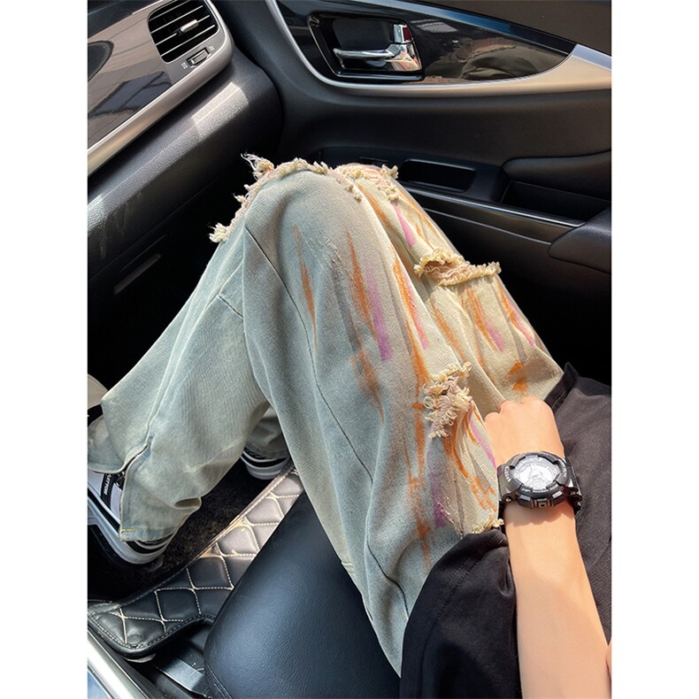 高街喷染阔腿破洞牛仔裤港风复古宽松直筒裤子潮N0198-P48，男装牛仔裤，星座308B-2