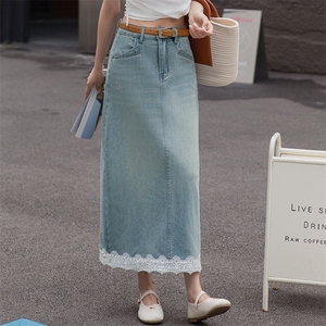 牛仔半身裙女春秋2025新款小个子高腰a字中长款浅色开叉包臀裙子图片