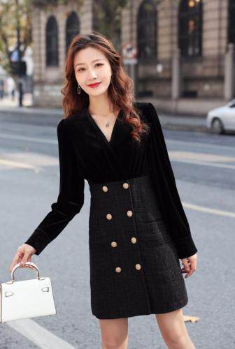 【现货】幂幂同款金丝绒V领拼接连衣裙，女装连衣裙，伊洛姿