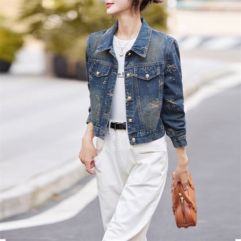 早秋新款牛仔外套女2024休闲韩版时尚刺绣蝴蝶结烫钻洋气百搭上衣，女装牛仔外套，美拉德工厂直营店