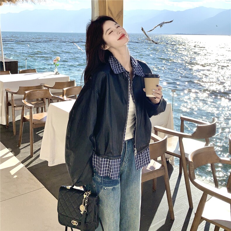 设计感假两件格纹拼接皮衣短外套女2026春季新款宽松休闲显瘦夹克,女装皮衣,艾米莉亚