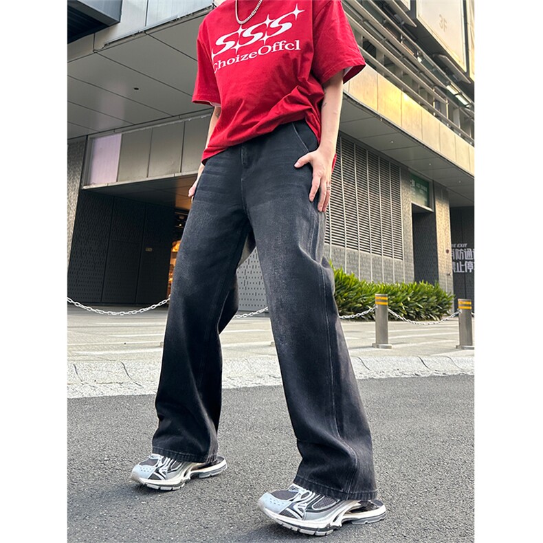美式高街vibe风直筒长裤欧美痞帅男hiphop复古水洗牛仔裤图片