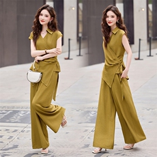 高级感通勤气质套装女2025夏季新款时尚收腰显瘦衬衫阔腿裤两件套，女装套装/套裙，鑫鑫美