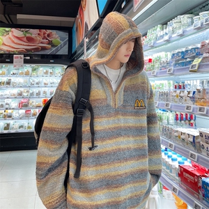 秋冬季美式复古刺绣条纹连帽毛衣男潮牌宽松百搭针织衫 M1612-P66图片
