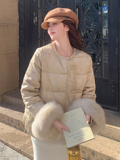 现货！（90新标带检）人丝提花新中式圆领狐狸毛贵气优雅羽绒服女，女装羽绒服，浙宝189