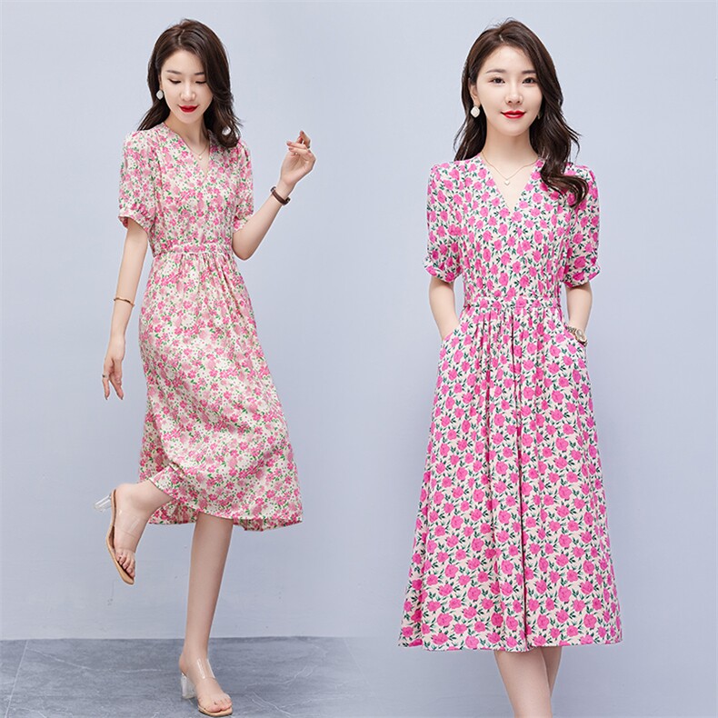 连衣裙2022年夏季潮流舒适简约时尚中长款圆领碎花,女装连衣裙,贵人树