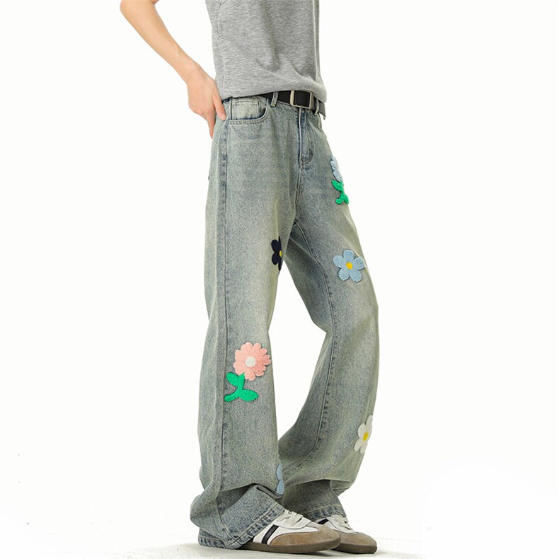 B221 美式ins高街暗黑毛巾绣宽松直筒牛仔裤 LK25497-特P45控89图片