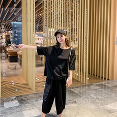 妙形M女装休闲宽松两件套2024年夏季T恤配休闲拼接裤子显瘦，女装套装/套裙，天丽