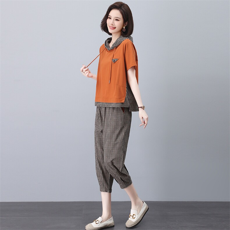 中年妈妈棉麻格子套装女夏2025新款时尚休闲遮肚子显瘦洋气两件套,女装套装/套裙,忆绮罗