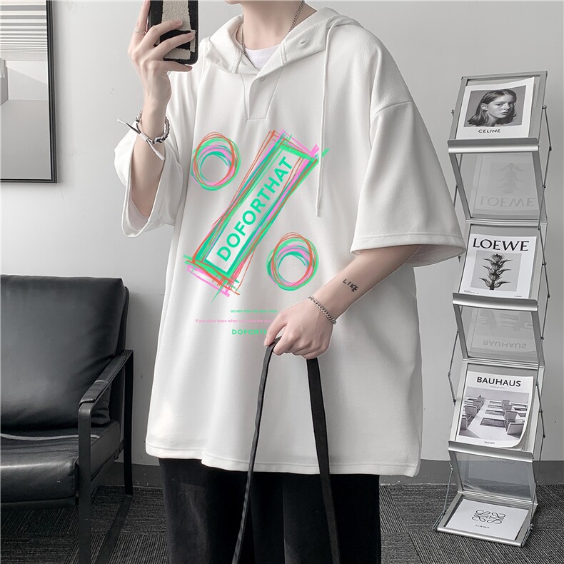 LD54171-P45 连帽短袖t恤男大码胖子带帽五分袖中袖 大皂风图片