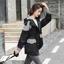 拼接风衣女中长款2024年秋季新款韩版显瘦气质减龄连帽格子外套,女装风衣,霓裳依族