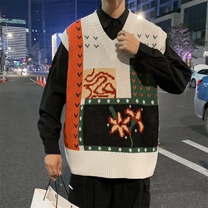 毛衣马甲男港风ins复古绣花V领针织衫春秋季韩版潮流BM21-P40图片