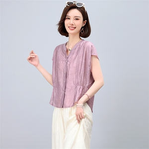 短款简约花纹上衣2025新款女夏季洋气减龄显瘦衬衫图片