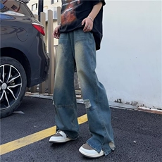 复古美式高街设计感直筒牛仔裤破洞阔腿裤宽松拖地裤子GN20-P45，男装牛仔裤，星座1008