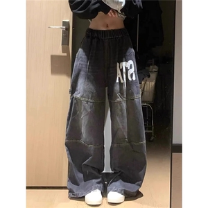 美式复古字母印花水洗牛仔裤男女秋季潮牌多口袋大码直筒裤子,男装牛仔裤,四季星座505