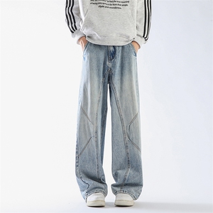 解构工装牛仔裤款宽直筒拼接裤子美式复古直筒裤A057-KZ858-特P43，男装牛仔裤，电商A057