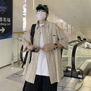 2022春秋季潮牌宽松衬衣日系复古条纹短袖衬衫男外套 W3044-P30图片