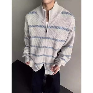 港风秋款男立领毛衣条纹开衫针织衫拉链外套线衣M5336 P65图片